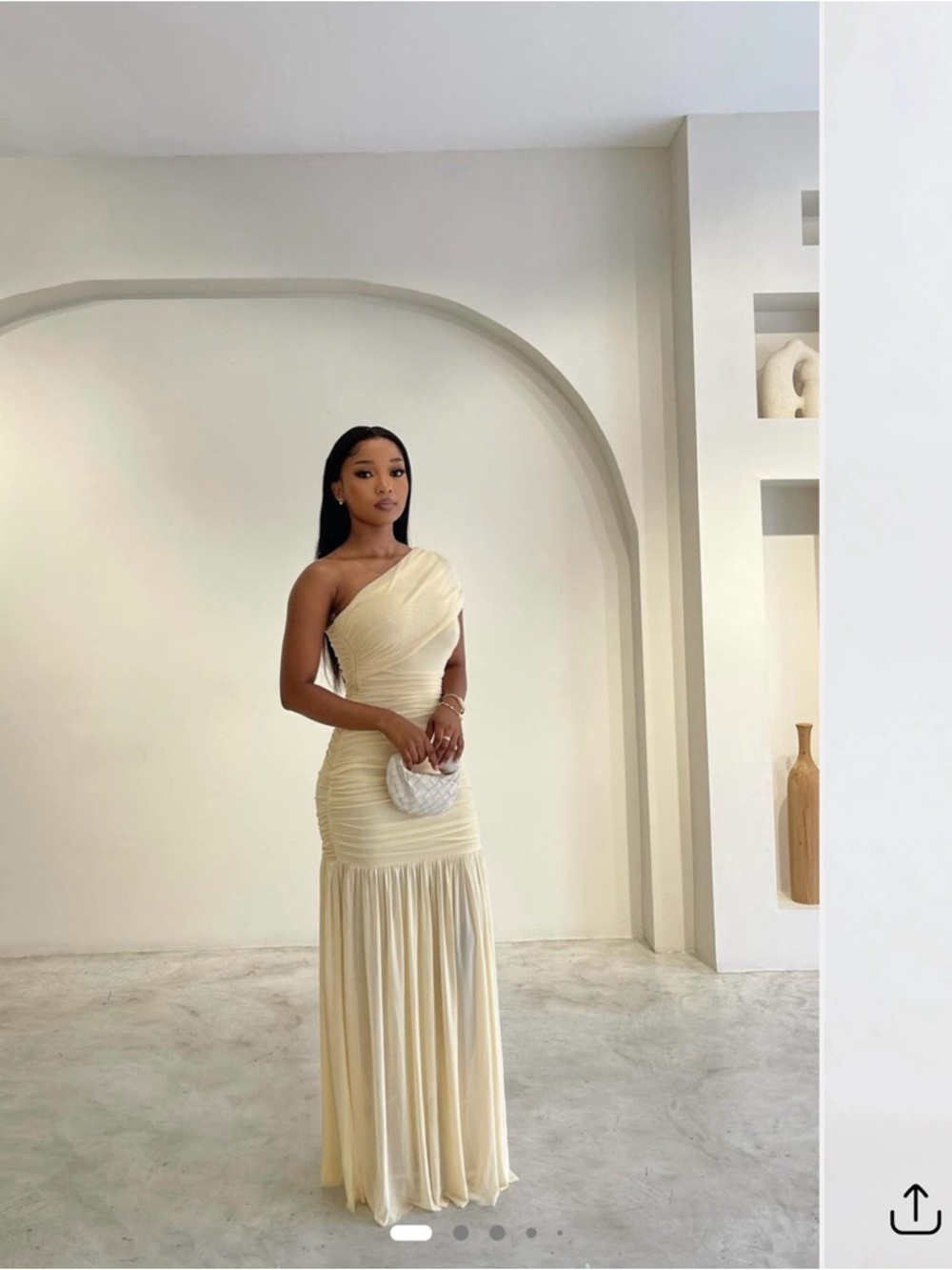 Fashion Nova Cream One-Shoulder Ruched Evening Gown